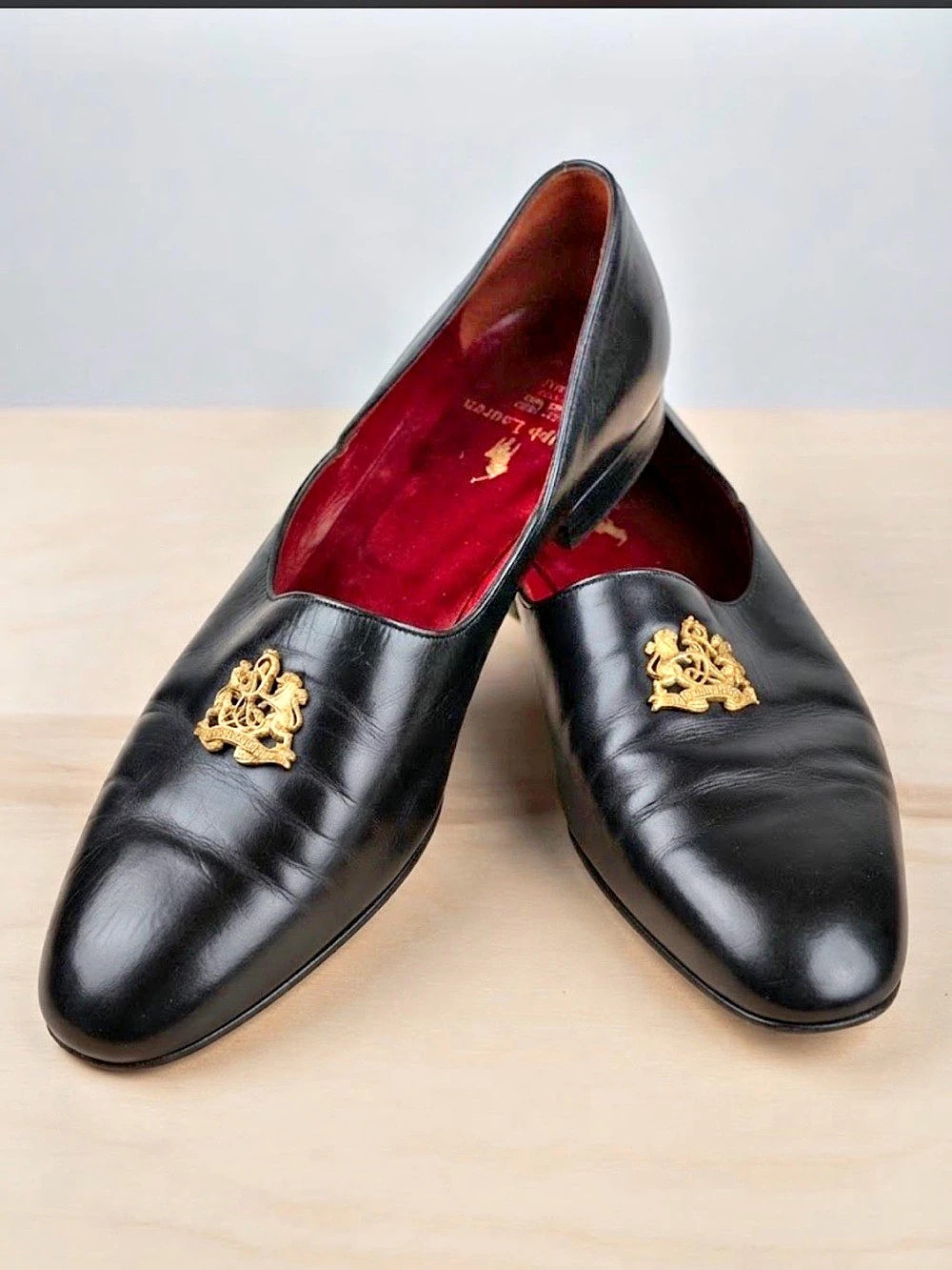 Vintage Ralph Lauren Gold Crest Black Loafers Made in Italy 10 B